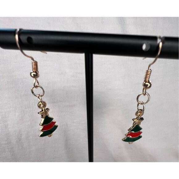 Handmade Green and Red Christmas Tree Dangly Earrings - Picture 2 of 4